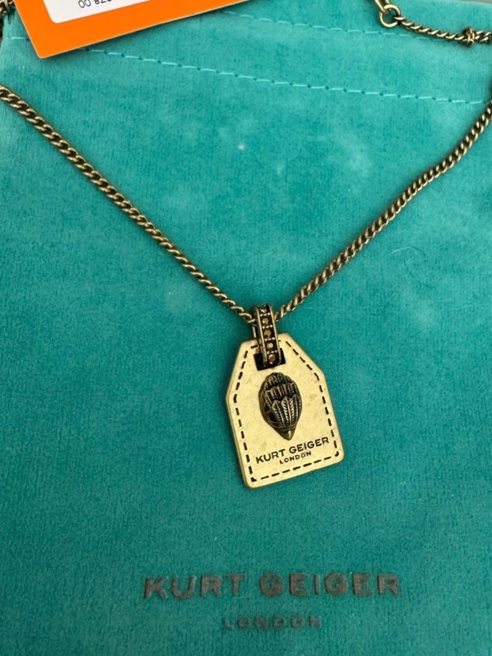 Kurt Geiger Gold Tag Pendant Necklace with Brass Chain